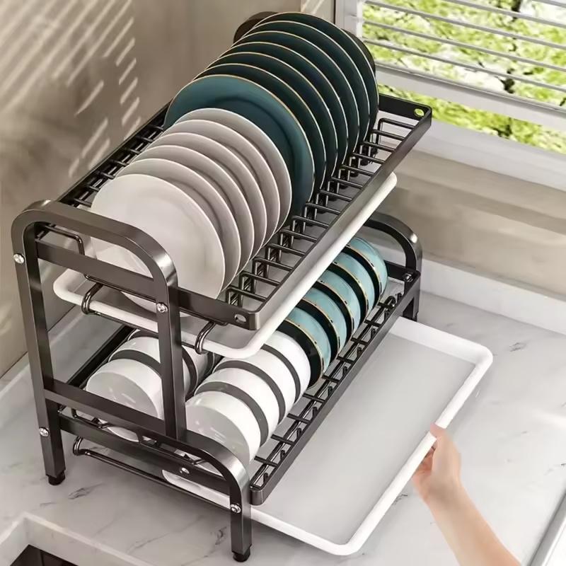 Multi-functional 3-Tier Dish Rack Kitchen Supplies Storage Rack Draining Rack with Chopsticks/Knives/Cutting Board Holder