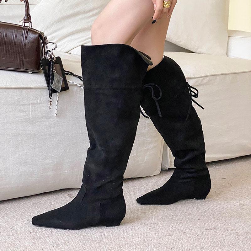 

Мода Новая Мода Шнуровка Женские Сапоги до Колена Обувь Флок Женские Длинные Современные Сапоги Женские С Обувью на Высокой Платформе леди 35 чёрный