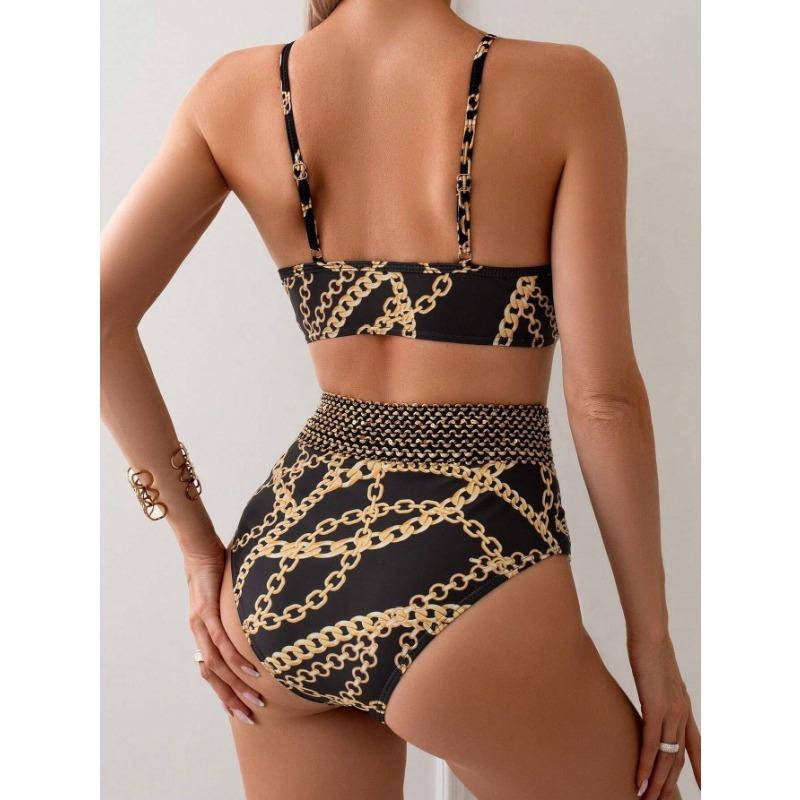 Women's Chain Print Rhinestone O-Ring Strap High Waist Bikini Set