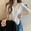 Fashionable Women's Korean Style Ice Silk Short-sleeved Cardigan Solid Color Zipper Splicing Casual Loose and Versatile Top