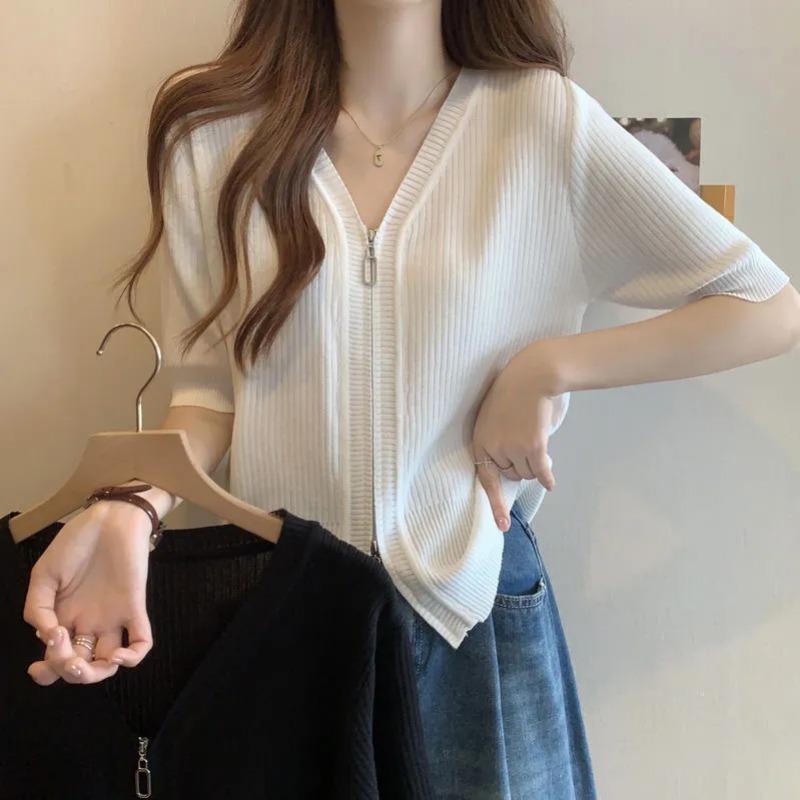 Fashionable Women's Korean Style Ice Silk Short-sleeved Cardigan Solid Color Zipper Splicing Casual Loose and Versatile Top
