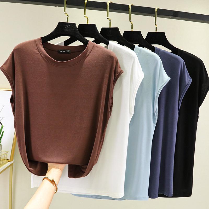 Damen Übergröße Ärmelloses Modal T-Shirt - Sommerkollektion 2025, Vielseitiges einfarbiges Basisschicht-Top