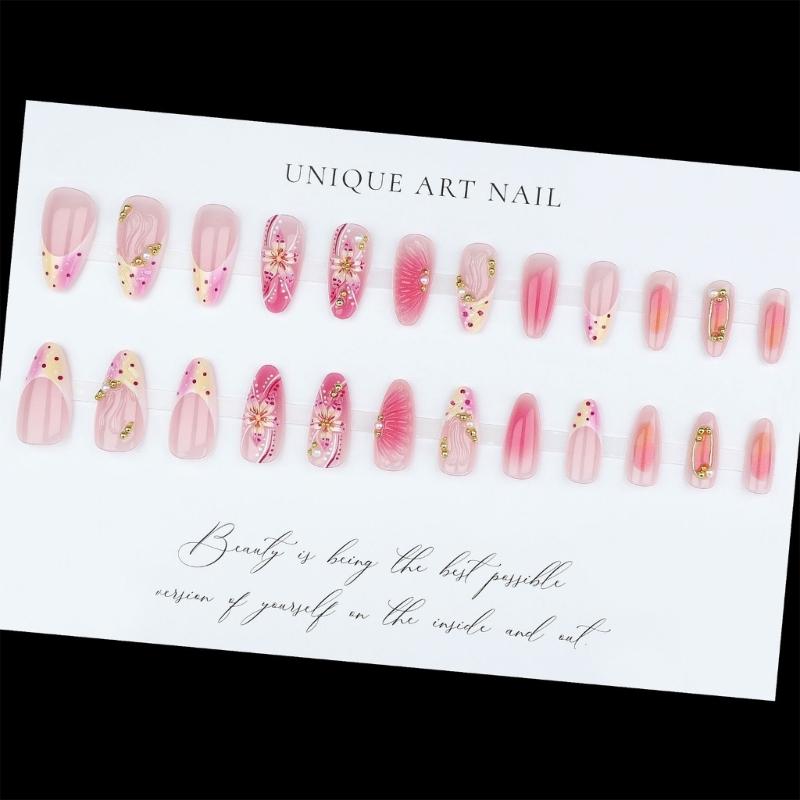 3D Floral Rhinestones Pearls Gradient Pink Press On Nail With Gold Foils Design For Women Party