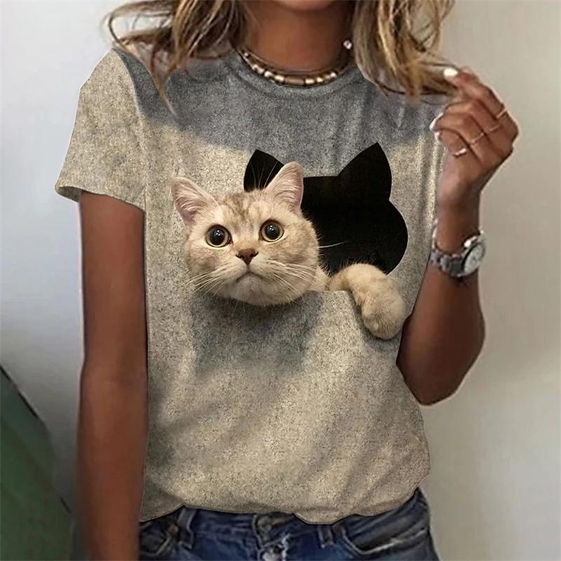 Fashion Women's T-shirts 3D Kawaii Cat Print Short-sleeved Personality Tops Casual Funny Tees Female Oversized Loose Clothing