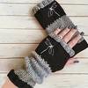 Gants en tricot sans doigts avec broderie de chat et patchwork, Gants décontractés ouverts aux doigts tendance pour femme, Mitaines chaudes d'hiver sans doigts