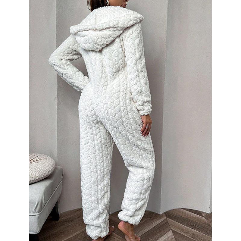 Damen Kapuzen Reißverschluss Flauschiger Plüsch Einteiler Schlafanzug Einfarbige Gesteppte Warme Loungewear