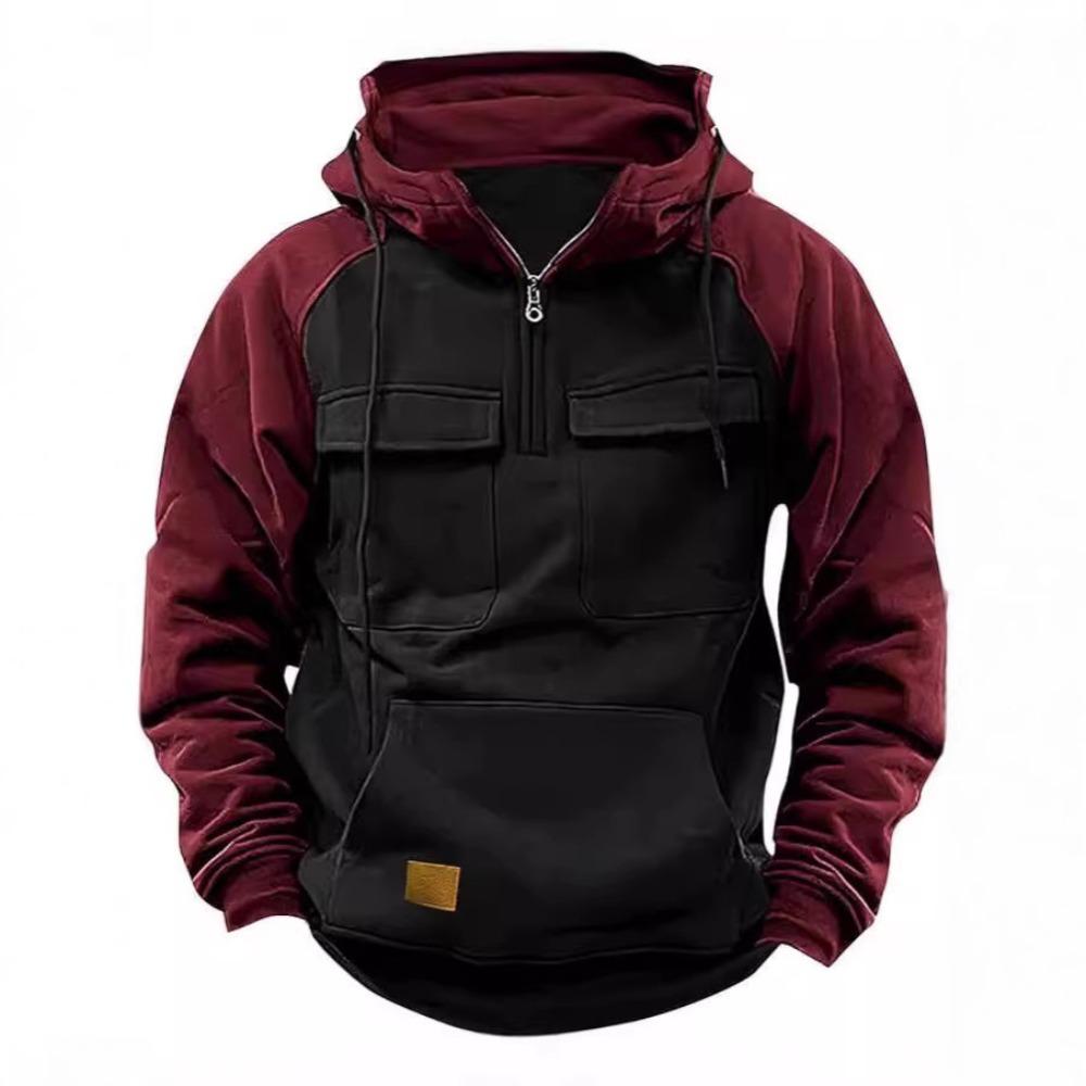 New Men's Off-the-Shoulder Half-Zip Hoodie: Workwear-Inspired Sportswear with Multiple Pockets