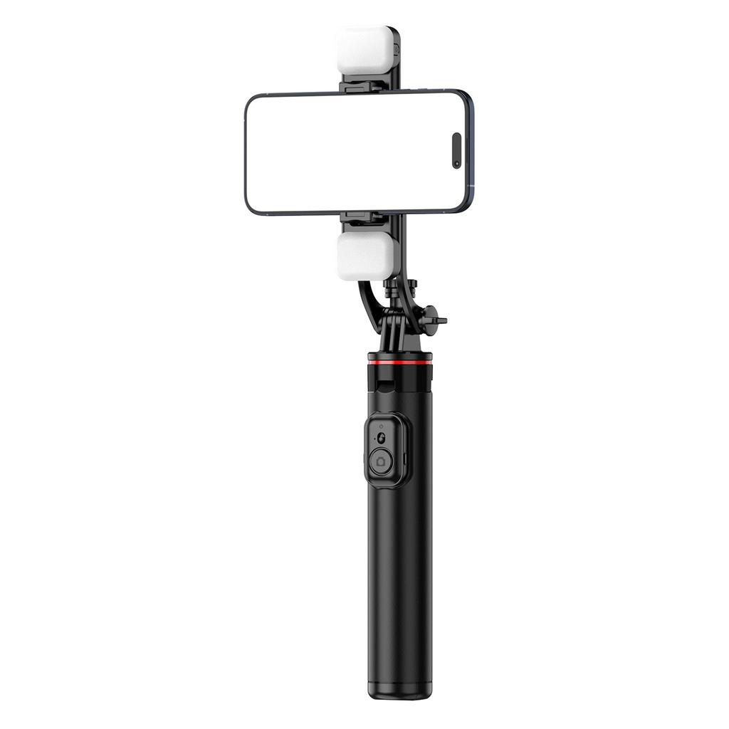 Aluminum Alloy Extendable Selfie Stick Tripod 1.3m with Dual Lights & Phone Holder - Black