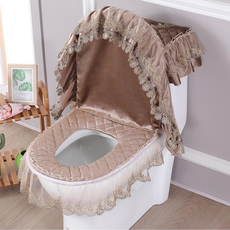 Red Lace Toilet Cover Set Universal Toilet Seat Cover and Water Tank Cover Quilting Design Waterproof and Stain Resistant Toilet Decoration Mats