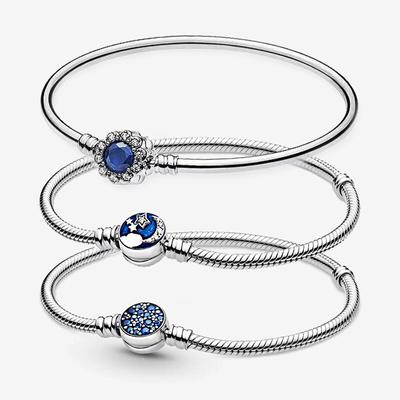 Bellissimo braccialetto in argento sterling 925 con chiusura in zirconi blu, catena a forma di serpente, braccialetto con stella e luna, adatto per gioielli di compleanno per donna con perline originali