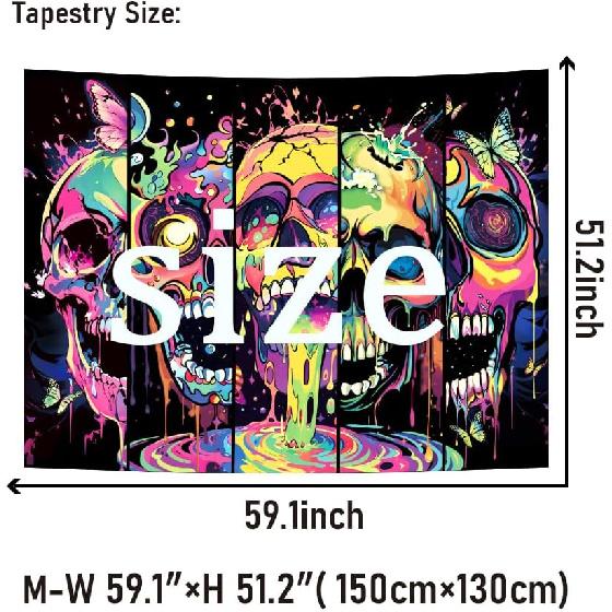 Heopapin Blacklight Skull Art Tapestry UV Reactive Neon Skeleton Butterfly Tapestries Trippy Blacklight Horror Face Tapestry Halloween Aesthetic Wall