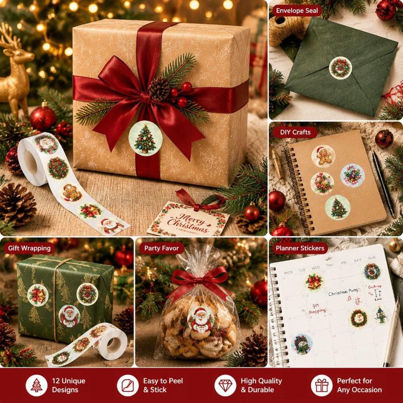 500Pcs Round Christmas Stickers Merry Holiday Self Adhesive Sealing Labels Xmas Festive Pattern For Gift Box Envelope Packaging