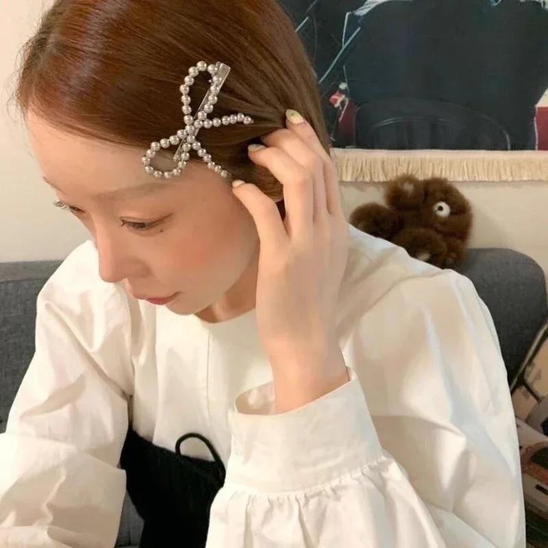 Korean Fashion Women Pearl Hair Clips Pins Cute Girls Pearl Hairclip Bows Hairpin Metal Hair Clips Y2k Girl Hair Accessories