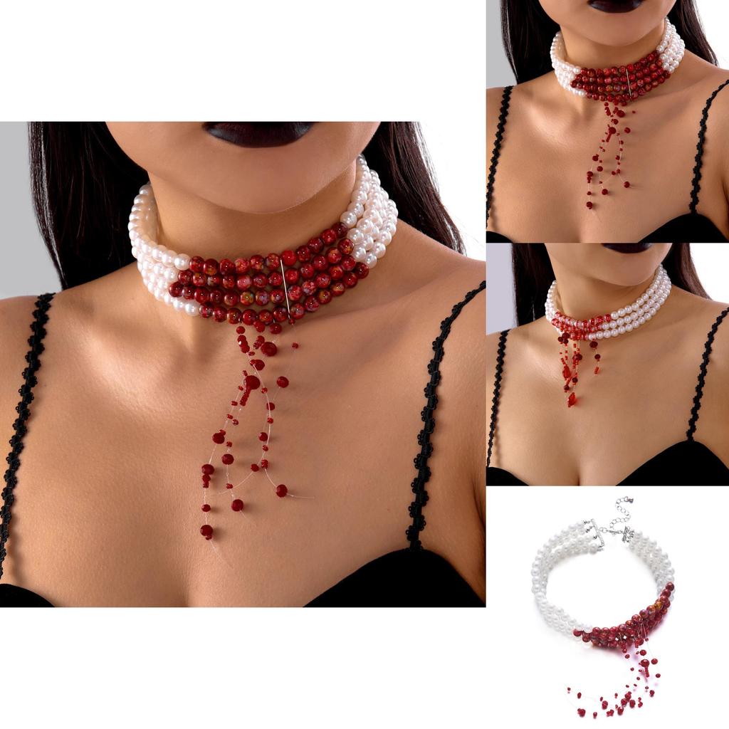 Halloween Blood Drop Pearl Necklace With Handcrafted Geometric Design For Women