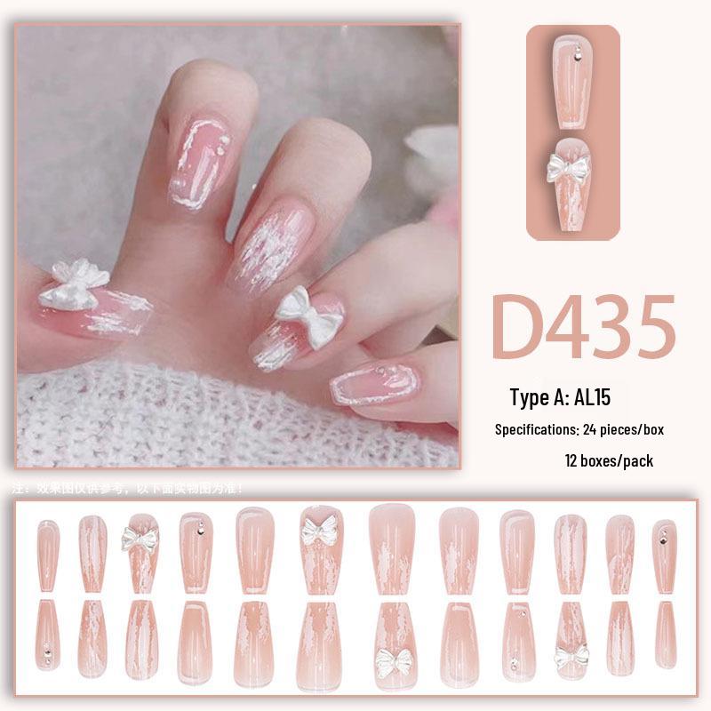 

Рожево-білі накладні нігті середньої довжини з бантиком - Ніжні, Тихі, Освітлюючі шкіру, Знімні