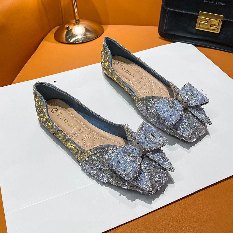 Grandma Shoes Women's Autumn 2025 Flat Bottom Ladyshoes Rhinestone Bow Large Size Women's Shoes 41-43 Square Head Beanie Shoes Flat Heel