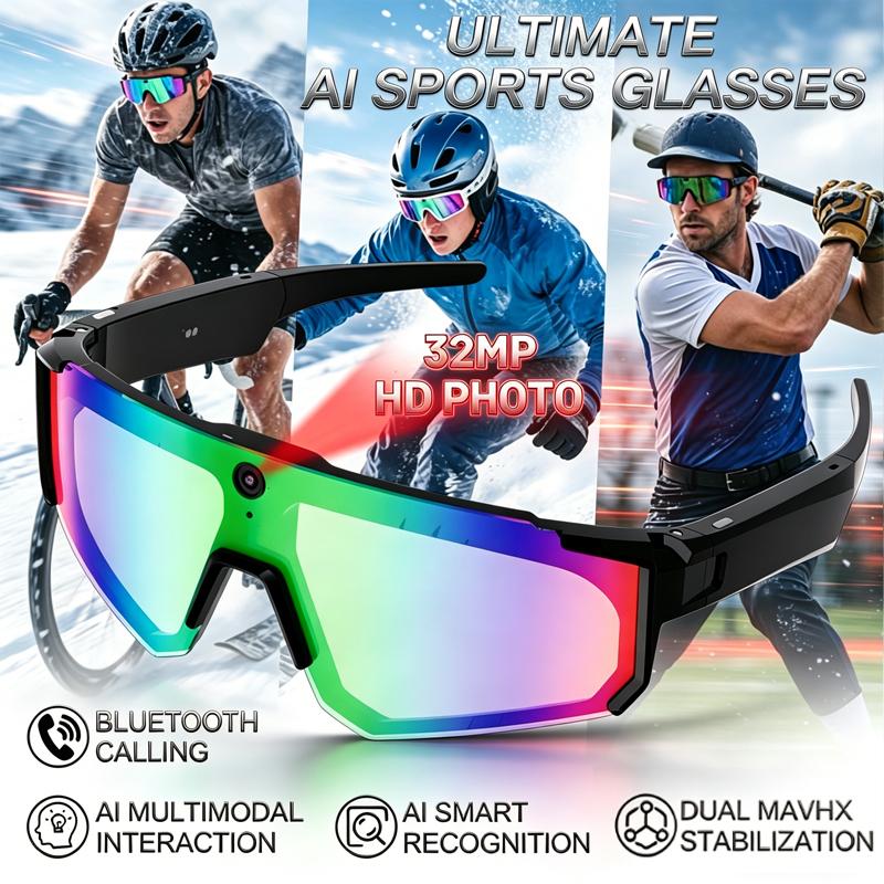 Occhiali Sportivi Intelligenti da Uomo con Fotocamera HD da 32MP, Chiamate Bluetooth, Audio a 360°, Occhiali da Sole da Ciclismo, Assistente AI, Riprese Anti-shake, Nuovi