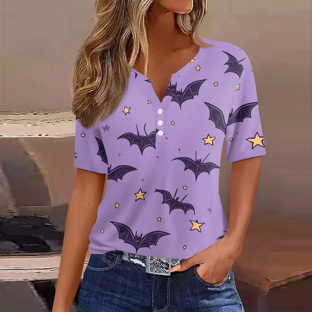Women's T Shirt Tee Halloween Printed Button Short Sleeve Tunic Daily Weekend Fashion Basic V- Neck Regular Top