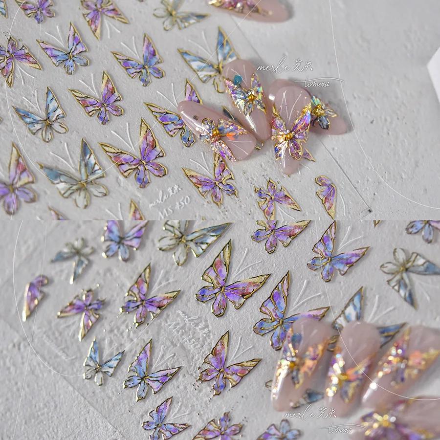 Shiny Jelly Butterfly Charming Golden Gradient Bowknot 5D Self Adhesive Nail Art Sticker Flower Petal Rhinestone Manicure Decals