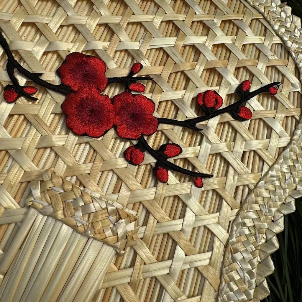Handmade Chinese Wheat Straw Fan - Heart-Shaped, Plum Blossom Design, Traditional Art, Ideal for Dance