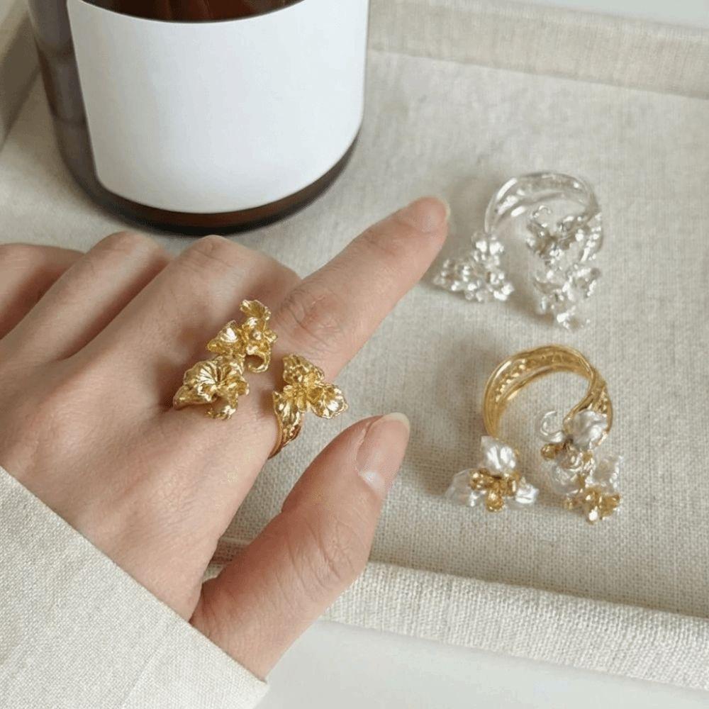 Adjustable Chinese-style Ring Metal Material Elegant Floral Stacking Ring Drip-glaze Finish Two-tone Design Open Ring Wedding
