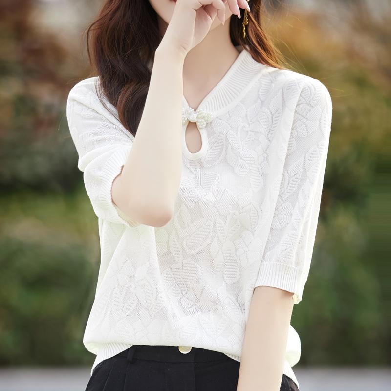 Spring/Summer Wool Knit Qipao Collar Mid-Sleeve Jacquard Top