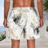 Men Plus Size Off White Watercolor Leaf Printed Beach Shorts Drawstring Waist Side Pockets Straight Leg