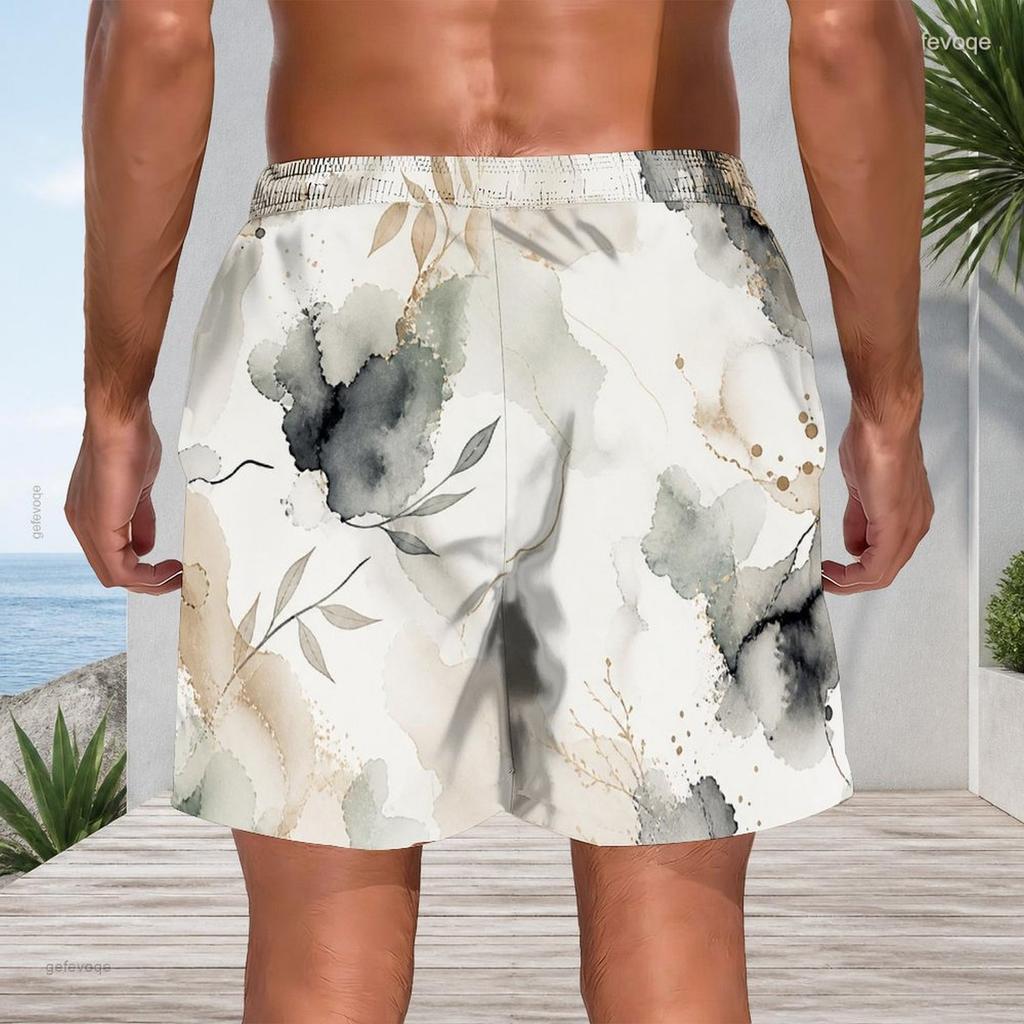 Men Plus Size Off White Watercolor Leaf Printed Beach Shorts Drawstring Waist Side Pockets Straight Leg