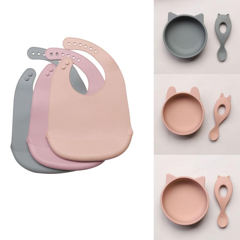 Silicone Bib Bowl Spoon Waterproof Infant Bibs Fashionable Baby Newborn Feeding Eating Supplies Toddle Adjustable Saliva