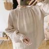 Johnature Linen Simple Women Tops Shirts Autumn Solid Color Loose Pullover Ruffles Sleeve Female Blouses