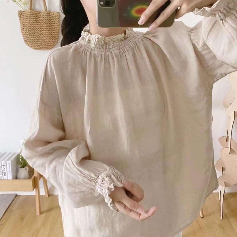 Johnature Linen Simple Women Tops Shirts Autumn Solid Color Loose Pullover Ruffles Sleeve Female Blouses