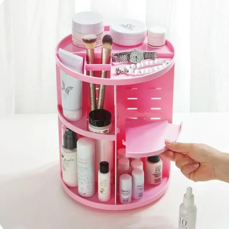 360-Degree Rotating Makeup Shelf Organizer - Fashionable Cosmetic Storage Box & Brush Holder