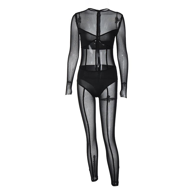 Tuta da donna sexy a rete con maniche lunghe, stile europeo-americano, trasparente