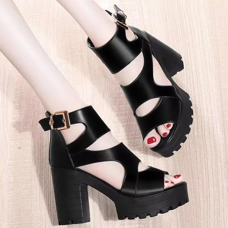Fashion High Heels Sandalias De Mujer Thick Soles Wedges Hollow Out Roman Sandales Shoes Black Peep Toe Female Summer Footwear Slides