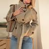 Vintage European American Turn Down Collar Double Breasted Belted Long Sleeve Cropped Trench Coat For Women