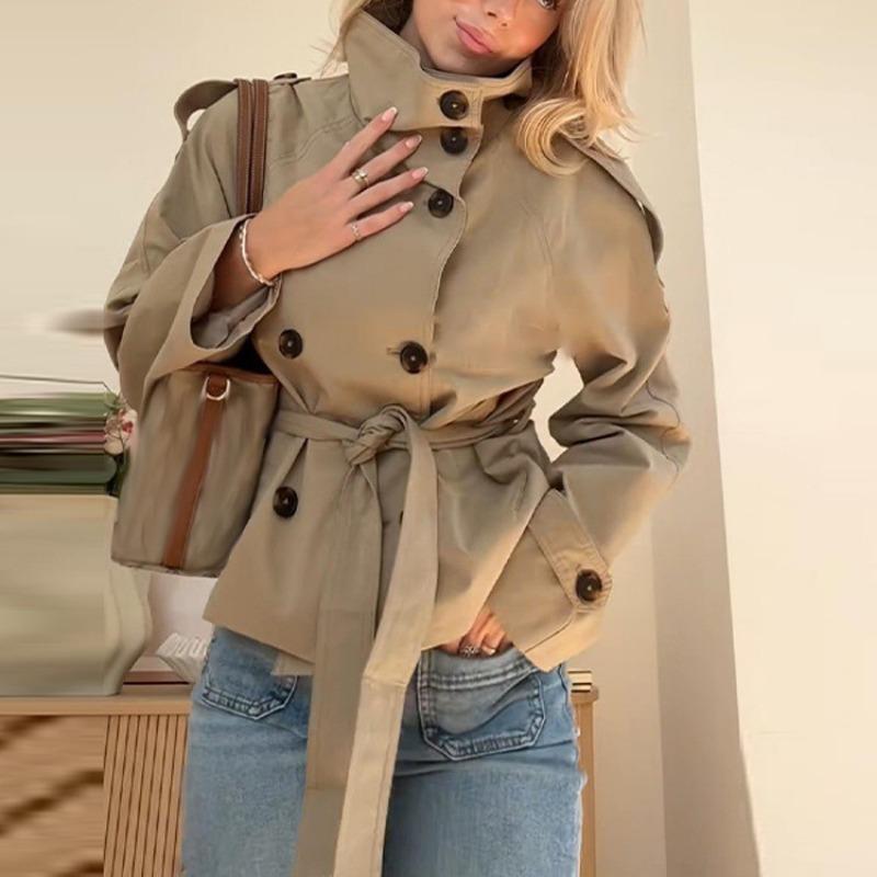 Vintage European American Turn Down Collar Double Breasted Belted Long Sleeve Cropped Trench Coat For Women