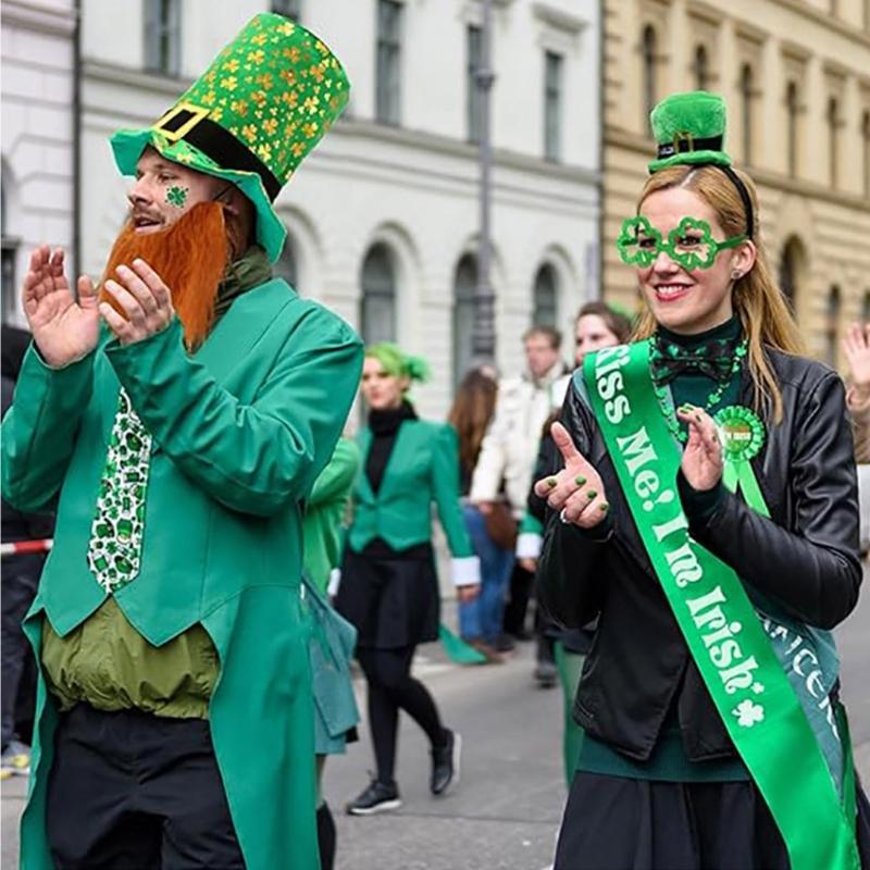 Patrick's Day Complete Irish Clovers Costume Set Green Hat Shamrock Beard Sequined Tie Necklace and Glasses