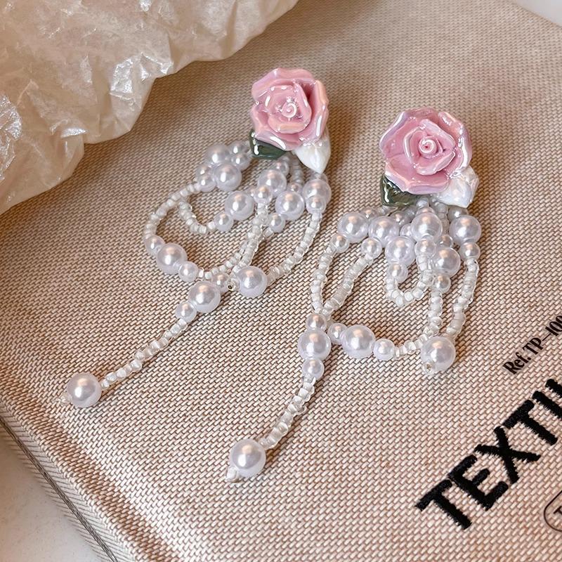 Exquisite French Retro Long Tassel Rose Earrings for Women