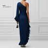 Soft Fabric Dress Women's One Shoulder Asymmetric Ruffle Satin Dress, Formal Everyday Wear Evening Party Gown, Long Sleeve Ruched Bridesmaid