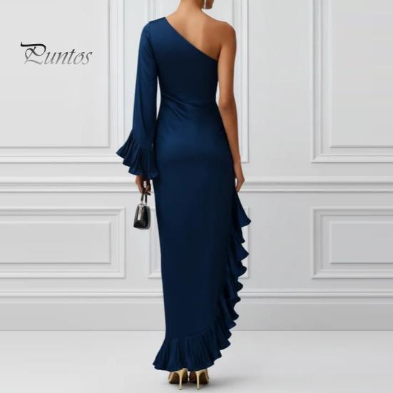 Soft Fabric Dress Women's One Shoulder Asymmetric Ruffle Satin Dress, Formal Everyday Wear Evening Party Gown, Long Sleeve Ruched Bridesmaid