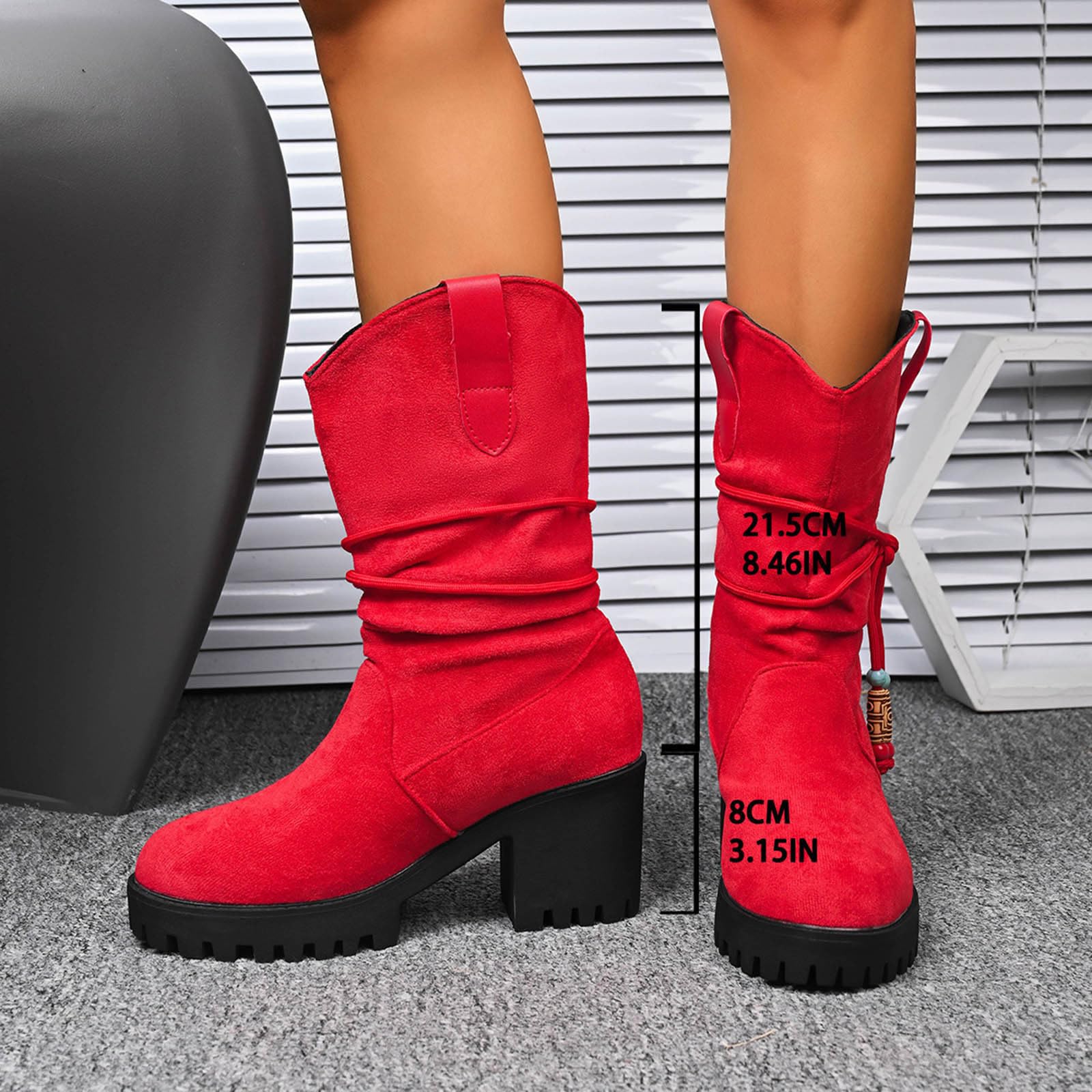 Women s Fashion Plus-Size V-Neck Chunky Heel Retro Mid-Calf Boots 41 красный