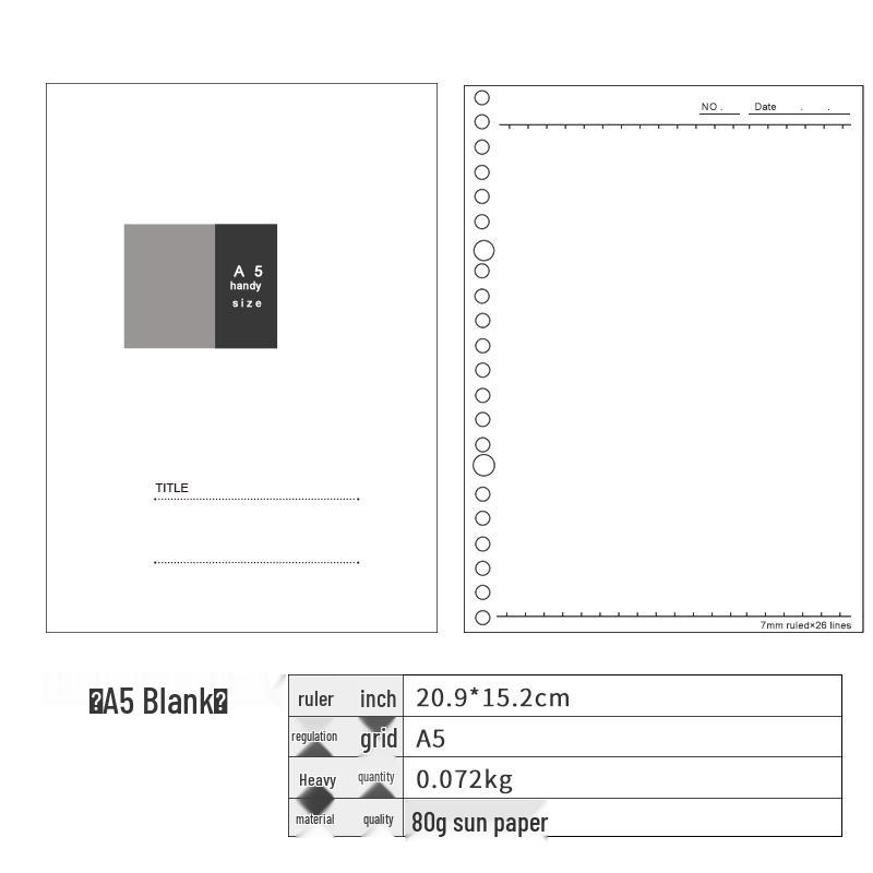 A6 6-Hole Notebook Refill: Blank, Grid, Lined Pages for Student Diaries