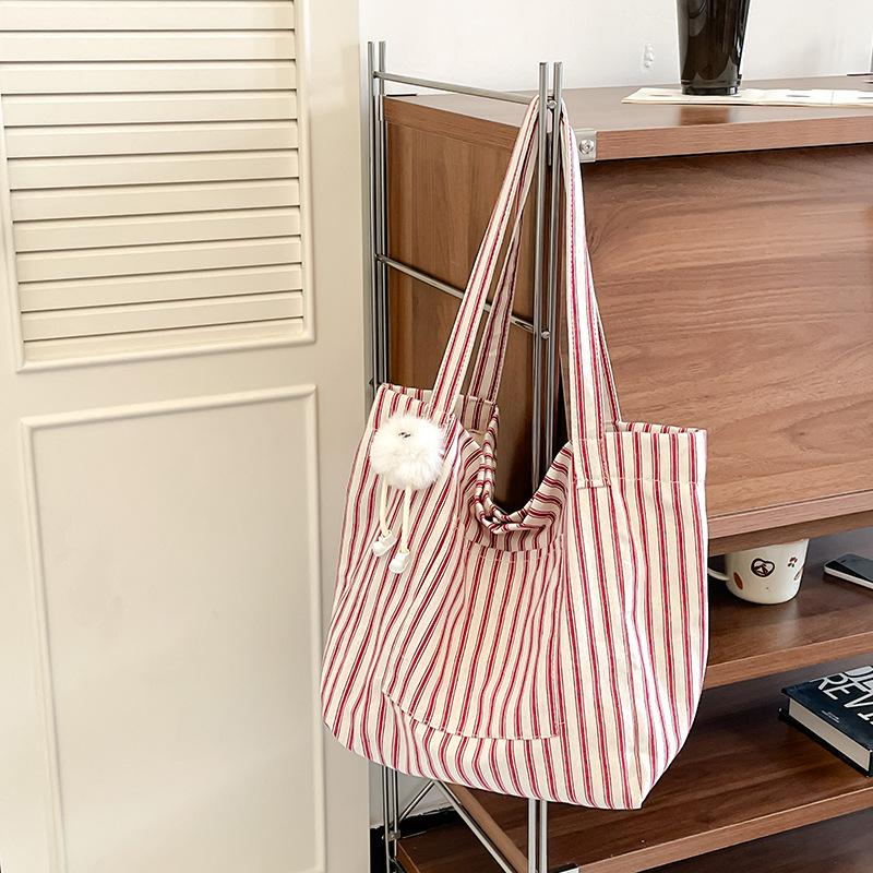 Striped Canvas Bag Women's Large-capacity Summer New Casual Shoulder Bag College Student Class Tote Bag