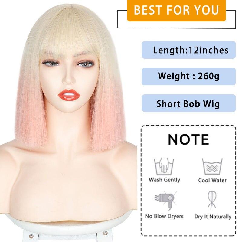 XINRAN Short Bob Wig with Bangs for Women Synthetic Bob Wigs Black Pink Ombre Wig for Party Daily Use Shoulder Length