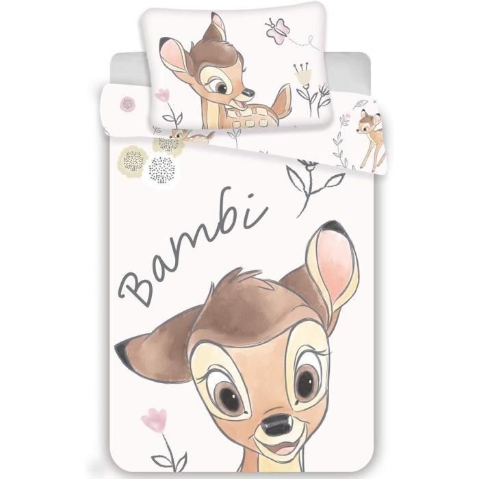 Parure de lit Bébé - DISNEY - Bambi - Housse de Couette 100x135 cm - Taie d'Oreiller 40x60 cm - 100% Coton