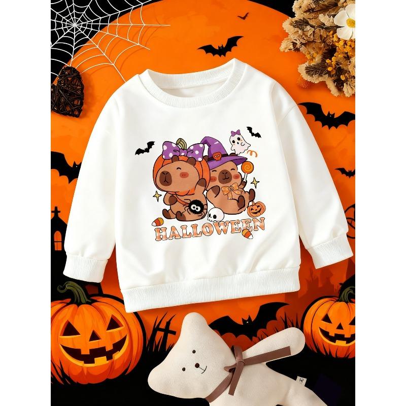 Kids Crewneck Sweatshirt, Halloween Cartoon Pumpkin Capybara & HALLOWEEN Text Print 110
