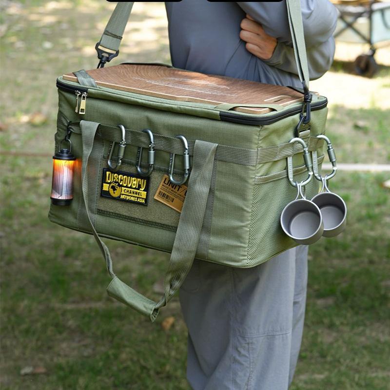 Borsa Tattica da Campeggio per Esterni, Organizer Portatile ad Alta Capacità con Coperchio in Legno per Utensili da Cucina e Bombole di Gas