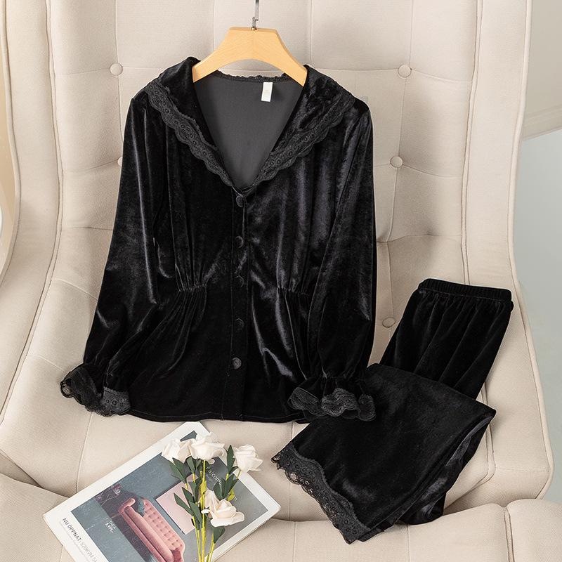 

Осенне-зимняя брючная пижама, свободный домашний костюм, новый женский комплект из 2 предметов, бархатная пижама, милая розовая кружевная отделка, ночная рубашка XL чёрный