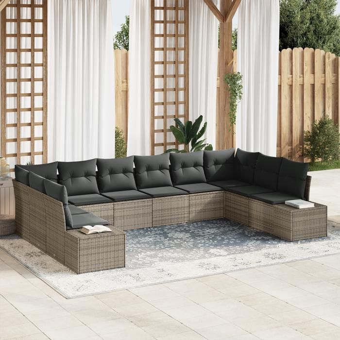 VidaXL Set de Canapés de Jardin de 10 Pièces avec Coussins Gris Poly Rattan 3355908