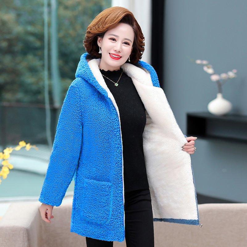 

Куртка из тонкого бархата для женщин среднего возраста, легкое свободное пальто средней длины из искусственной овечьей шерсти, тонкое пальто с капюшоном M синий